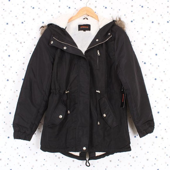 Black Faux Fur Hooded Sherpa Fur Lined Jacket - Picture 6 of 14